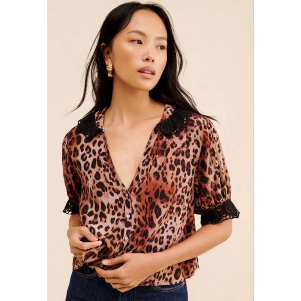 Free People My Love Printed Blouse Sz Small NWOT Brown Black Animal Print Retro